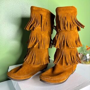 Minnetonka Festival Boho Hippie Brown Suede Fringe Boot